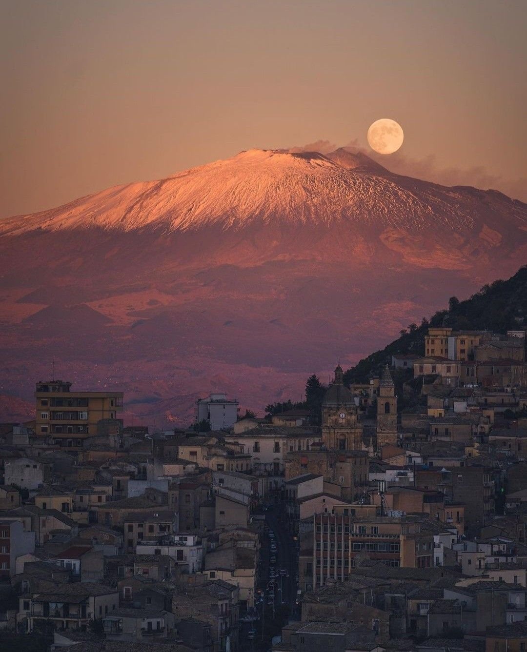 Snow-capped Etna above a Sicilian town
