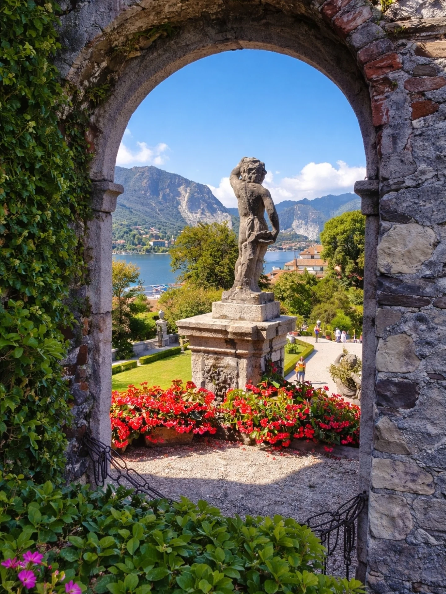 Stone arch framing a statue in the gardens of Isola Bella